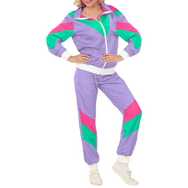 Fortune 90s Hip Hop Tracksuit, Patchwork Long Sleeve Coat Long Pants for Women