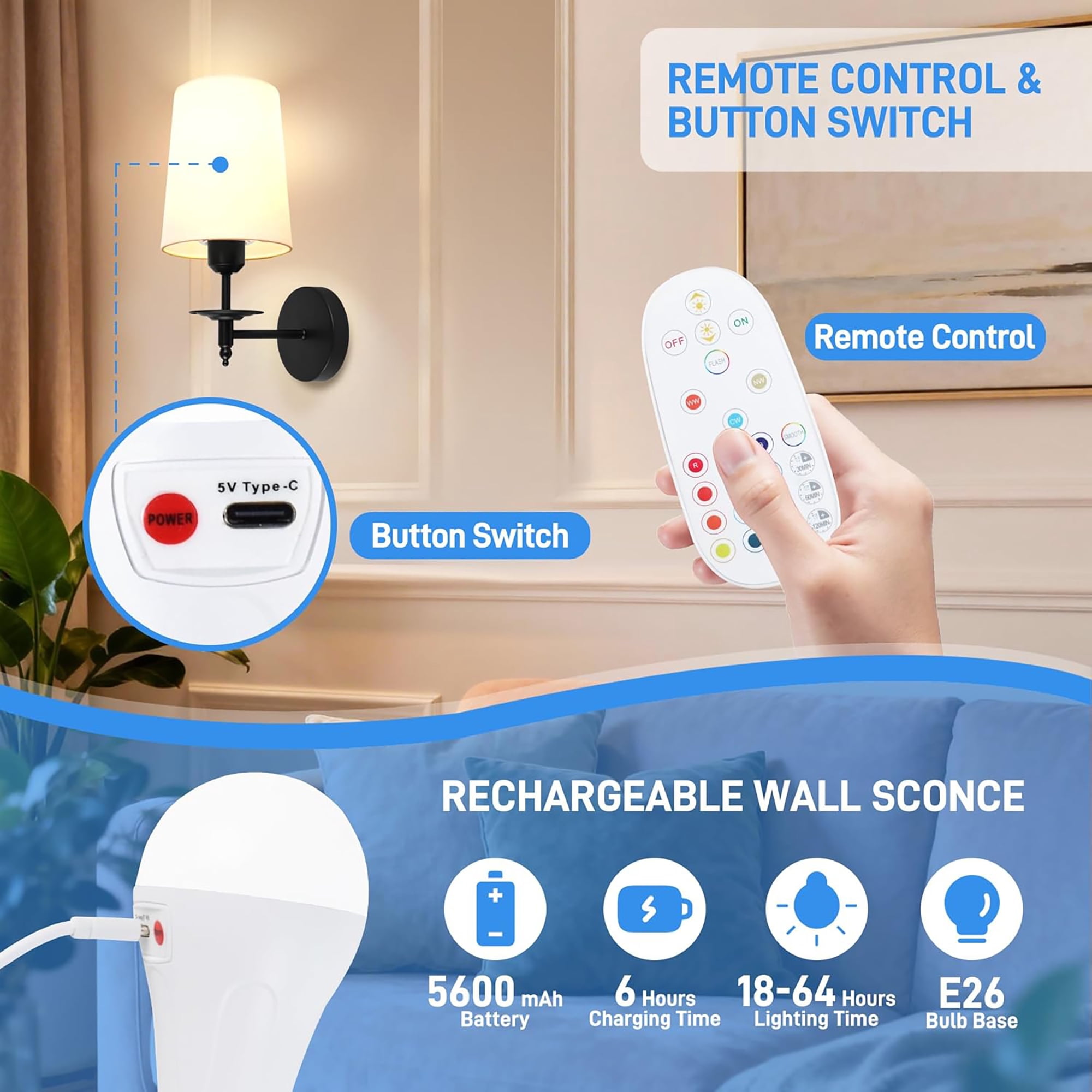 Hlite Smart Rechargeable Battery Operated Wall Sconce with Remote,3CCT & RGB Dimmable LED Bulb,Black Metal & White Fabric Shade Wall Lights for Bedroom,Living Room(Set of 2)