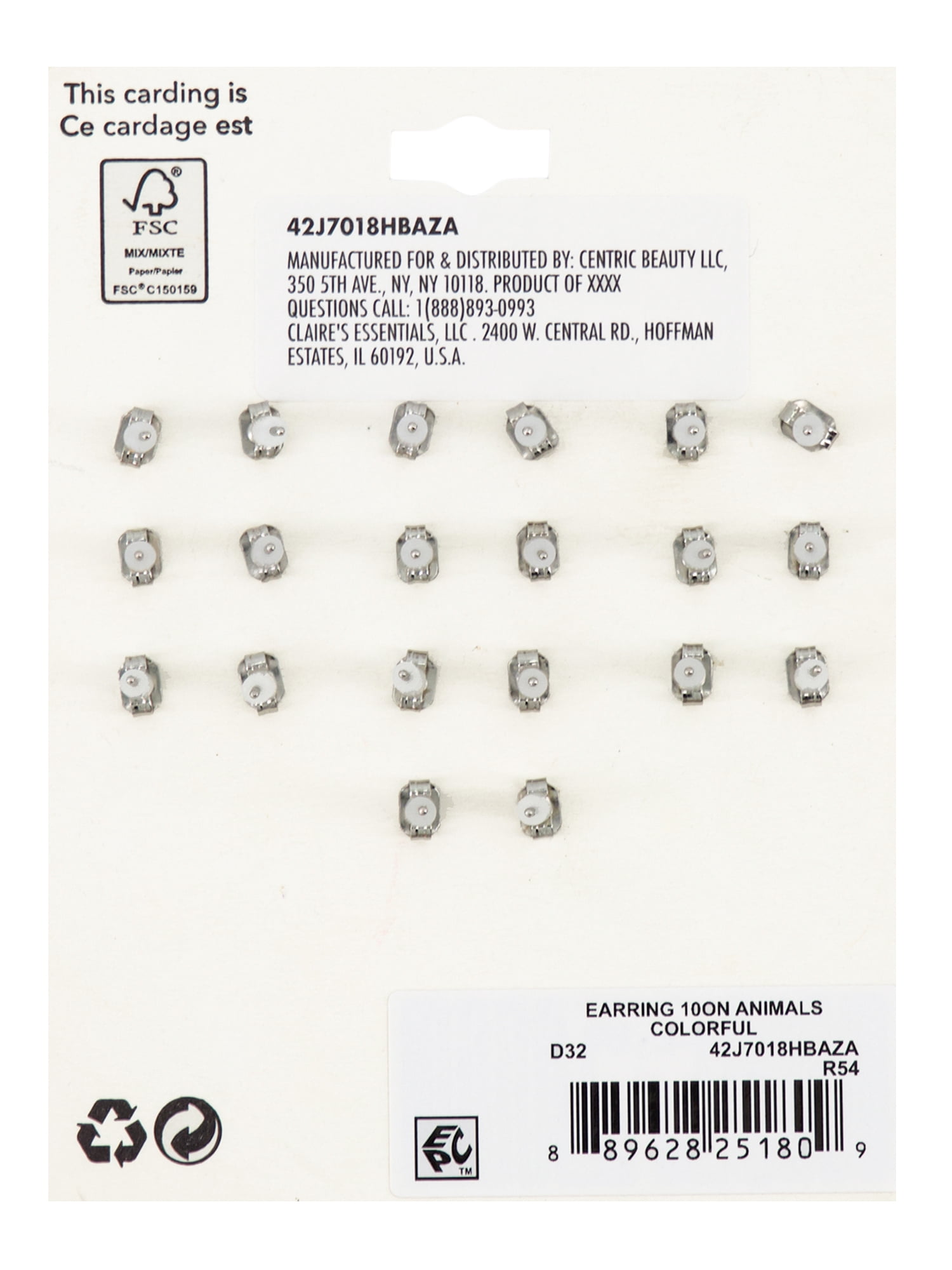 Claire's Girls Animal and Crystal Stud Earring Set, 10-Pack, Children's