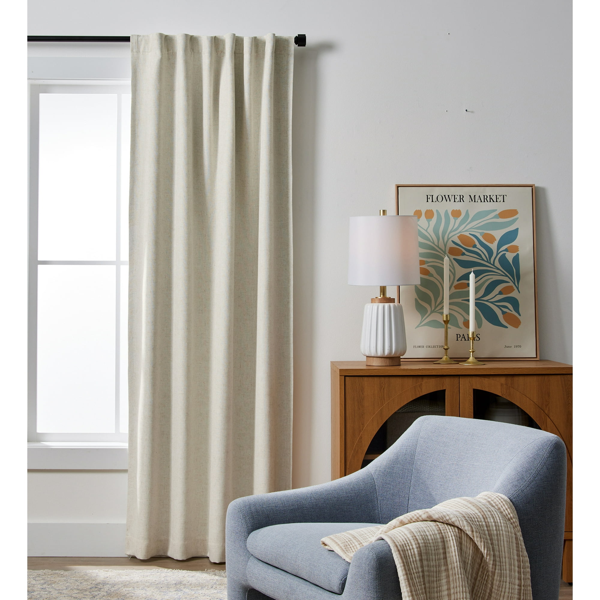 Better Homes & Gardens Linen Blend 100% Blackout Single Curtain, 50 in x 84 in, Vanilla Dream