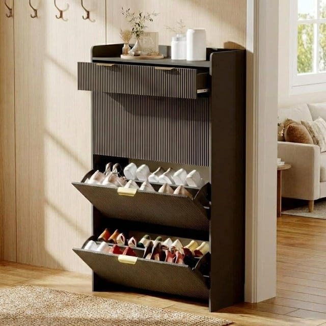 QinaQin Slim Three-Compartment Shoe Cabinet with a 31.5-Inch Recessed Design, Adjustable Shelves, and Freestanding Entryway Storage Unit