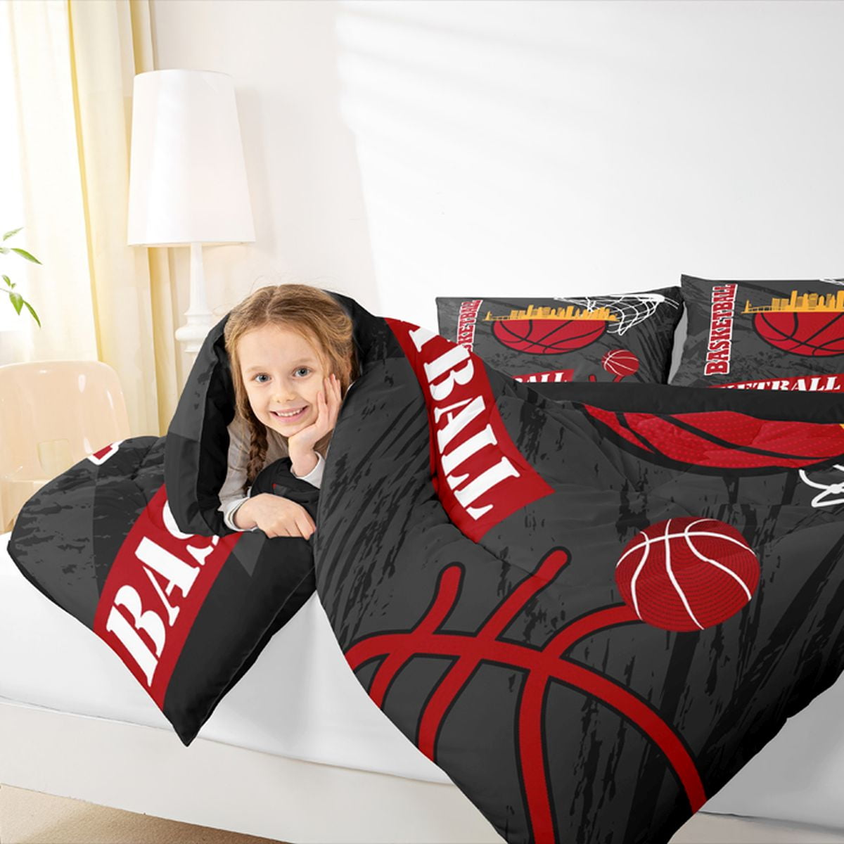Feelyou Cartoon Basketball Print Queen Comforter Set, Black Red Graffiti Bedding Sets, Ball Sport Game Reversible Bedding Comforter Set, Breathable Home Decor, 3pcs