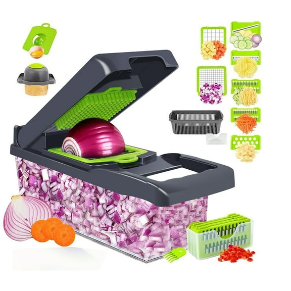 Behome Mandoline Slicer, 15-in-1 Multi-Functional Kitchen Gadget Set, Veggie Chopper, Food Chopper with Container, Vegetable Cutter & Spiralizer for Onion Salad, Gray