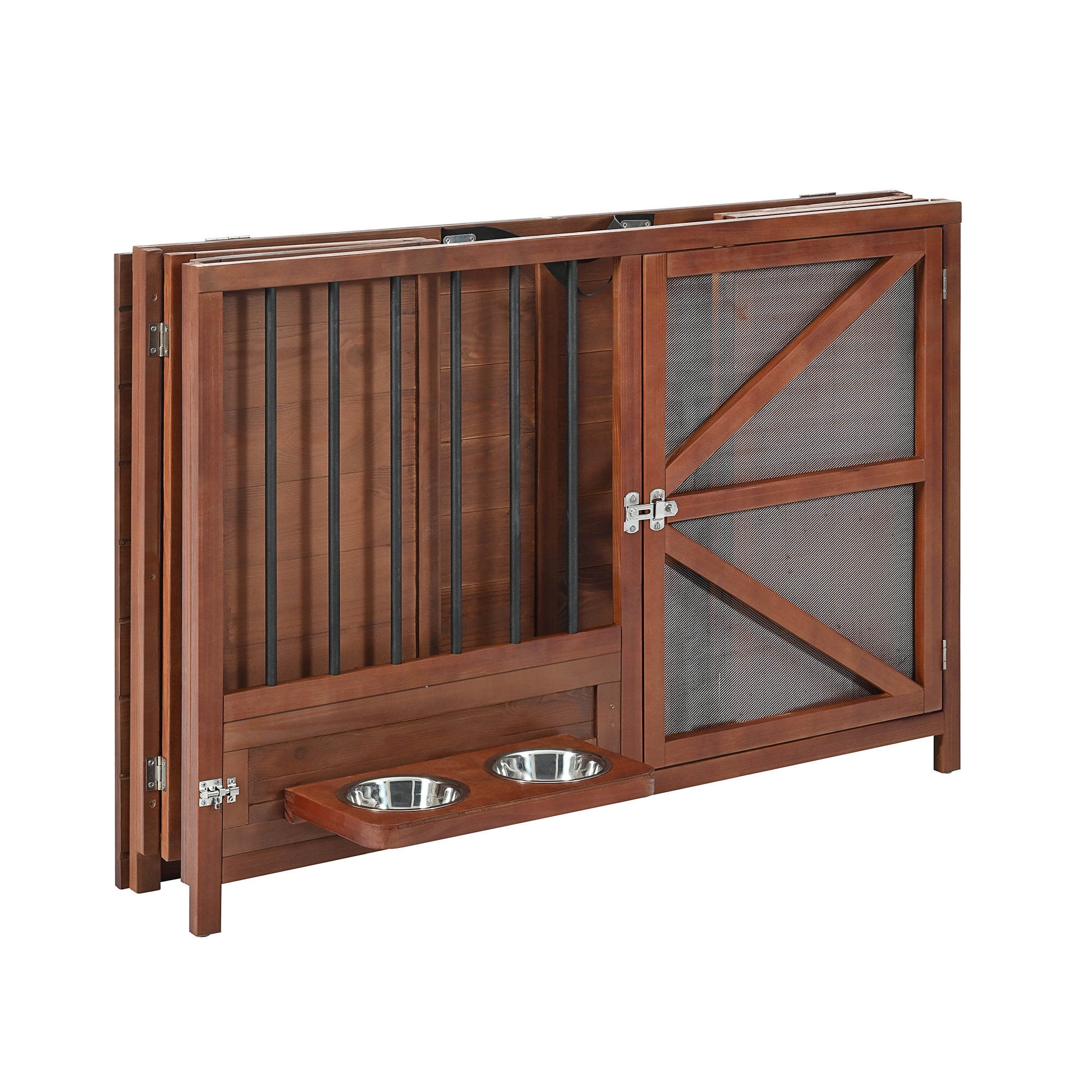 Euroco 43" Solid Wood Dog Crate Furniture, Foldable Indoor Kennel with 360° Rotating Feeder Multi-Functional End Table for Small & Medium Dogs, Portable Pet Cage with Removable Tray & Easy Assembly
