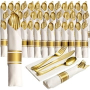 Prestee 50 Pre Rolled Gold Plastic Silverware - 200pc Set - Wrapped Disposable Silverware Set with Forks, Knives, Spoons, White Napkins - for Dinner, Party, Wedding