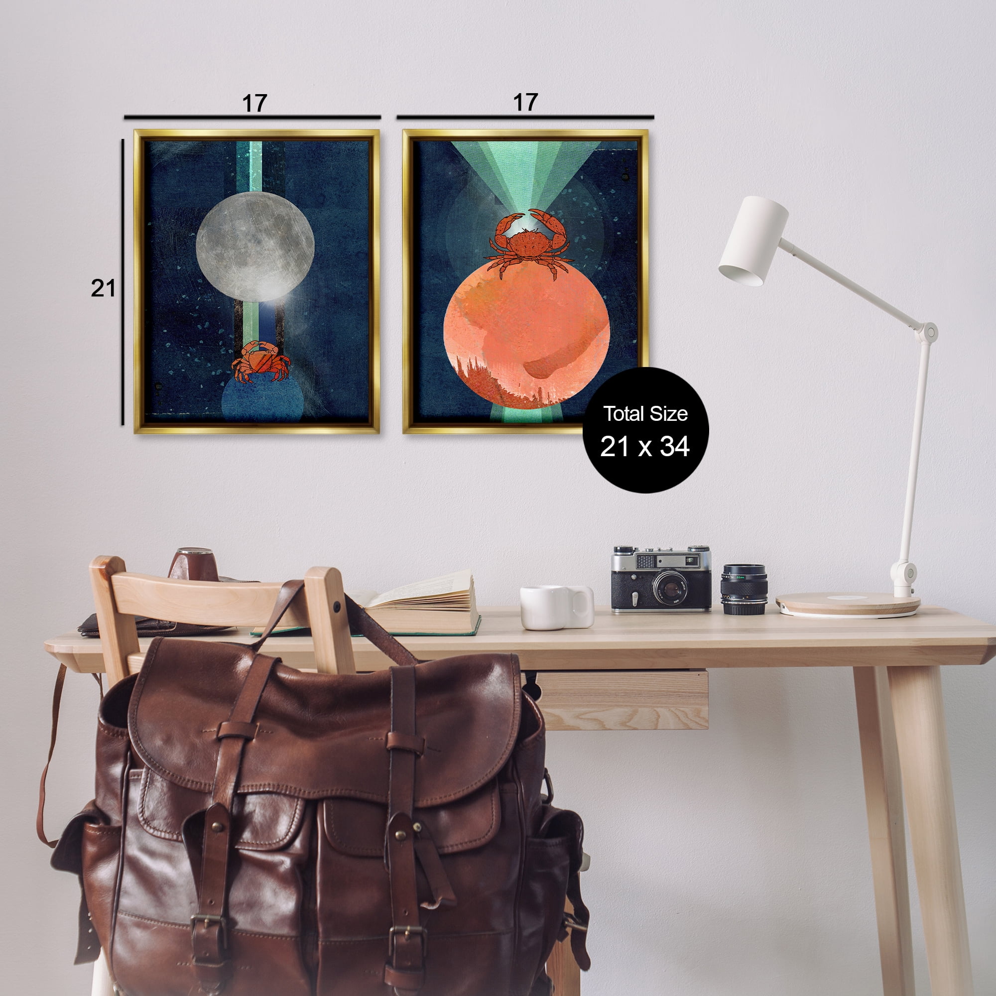 Stupell Industries Crab Orbs Light Rays Nautical & Beach Painting Gold Floater Framed Canvas Art Print Wall Art, 17 x 21, Set of 2