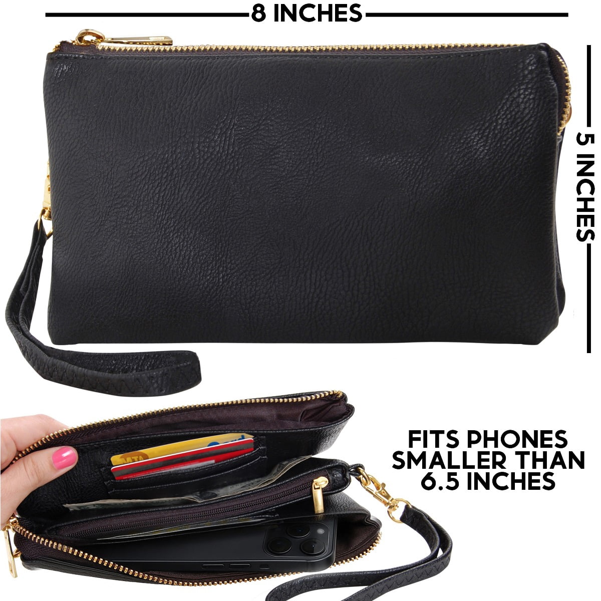 Humble Chic Small Black Clutch Purse - Black Vegan Leather Wristlet Purses for Women