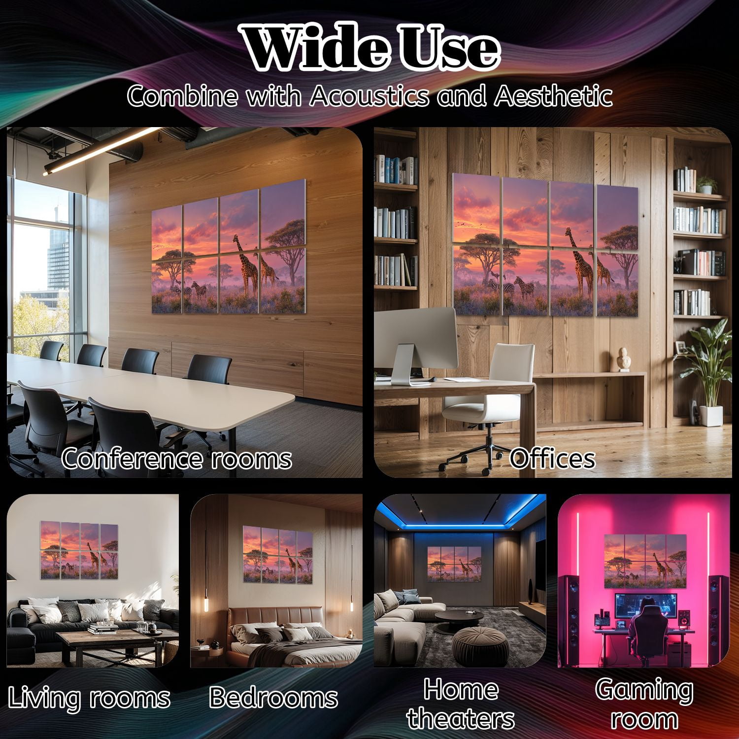 8 Pack Art Acoustic Panels Sound Absorbing Savanna Sunrise Giraffes Zebras Lions Decorative Soundproof Wall Panels Self Adhesive for Nursery Game Room Bedroom 48"x32"