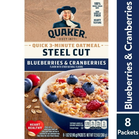 Quaker, Steel Cut Quick 3-Minute Oatmeal, Blueberries & Cranberries, 8 Packets