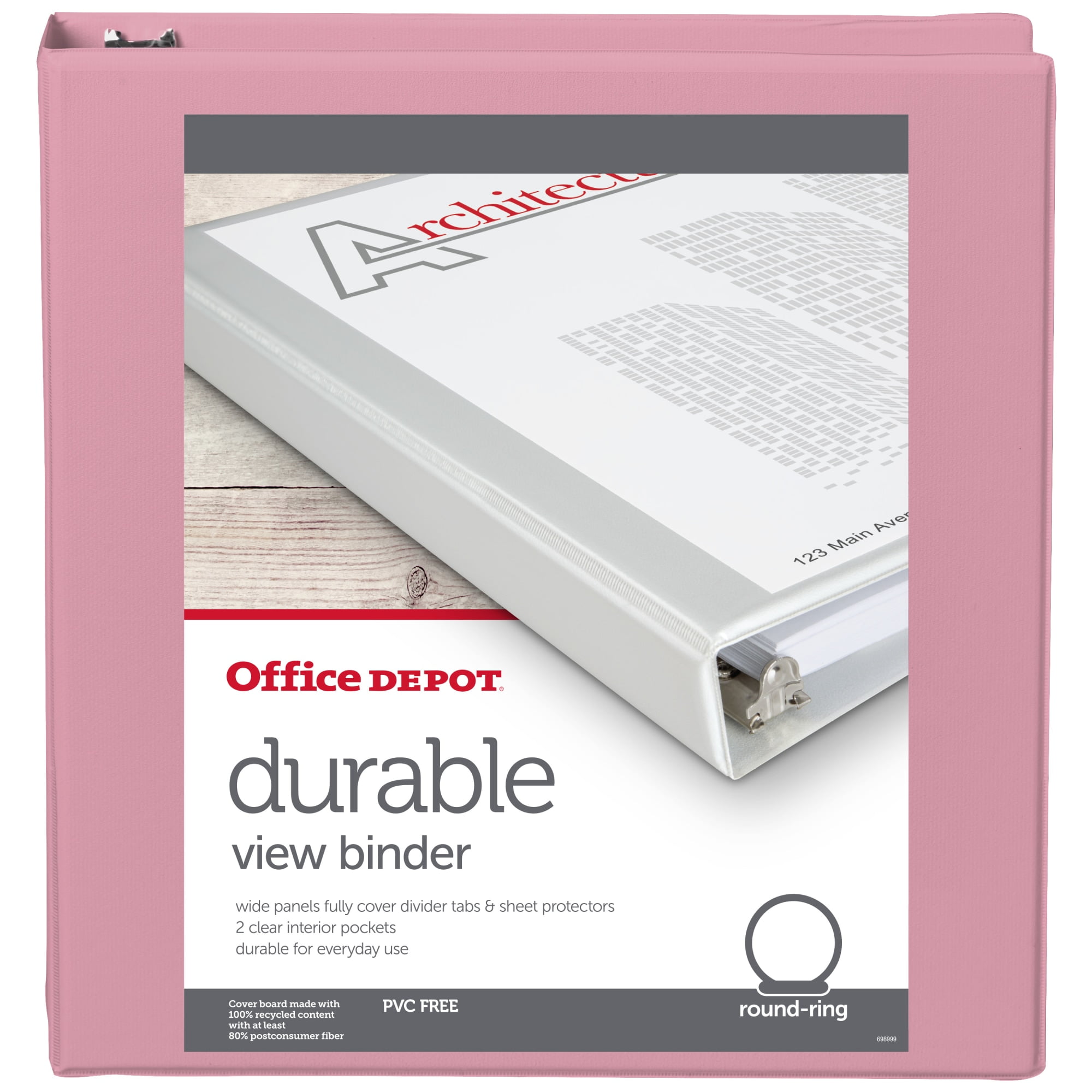 Office Depot® Heavy-Duty View 3-Ring Binder, 2 D-Rings, 49% Recycled,  Light Pink