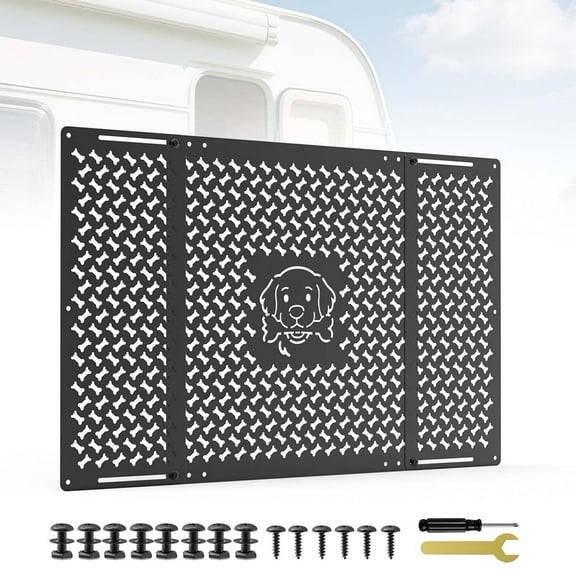 RV Screen Door Protector for Dogs, Adjustable Dog Head and Bone Design RV Entry Door Grille, Heavy-Duty Aluminum, Fits 18.07" to 33.64", Perfect for RV, Camper
