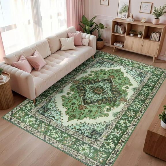 Wondo 6x9 Green Area Rug - Machine Washable Non-Slip Rubber Backing, Low Pile Vintage Carpet for Living Room Bedroom Kitchen Dining Office