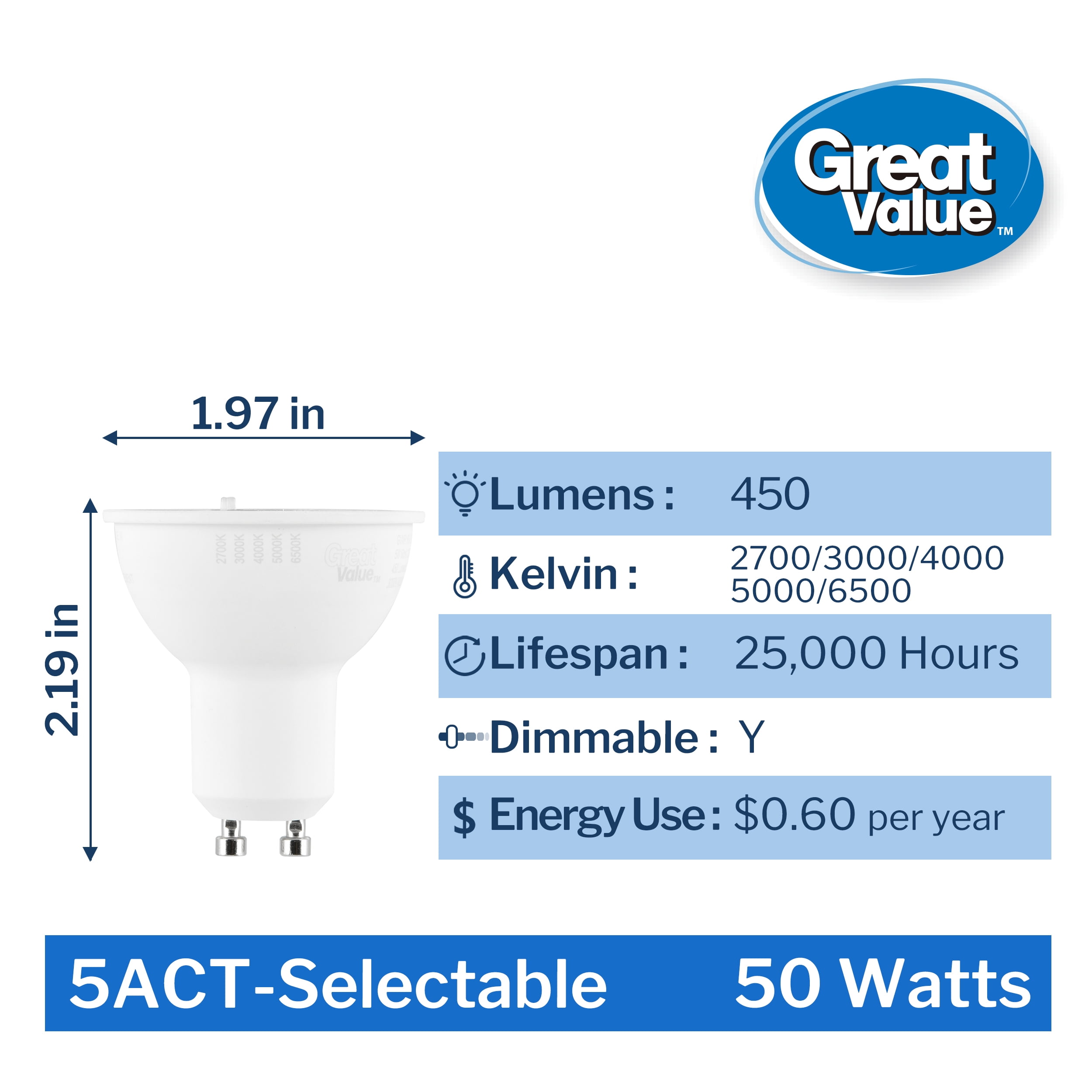 Great Value MR16 LED Spot Light Bulb, GU10 base, 50W Equivalent 3-Pack