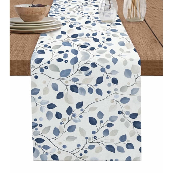 Blue Botanical Table Runner 60 Inches, Summer Leaves Pastoral Elegant Bed Runner Dresser Scarves Tabletop for Indoor Outdoor Parties/Ceremony/Banquet, 13" x 60"