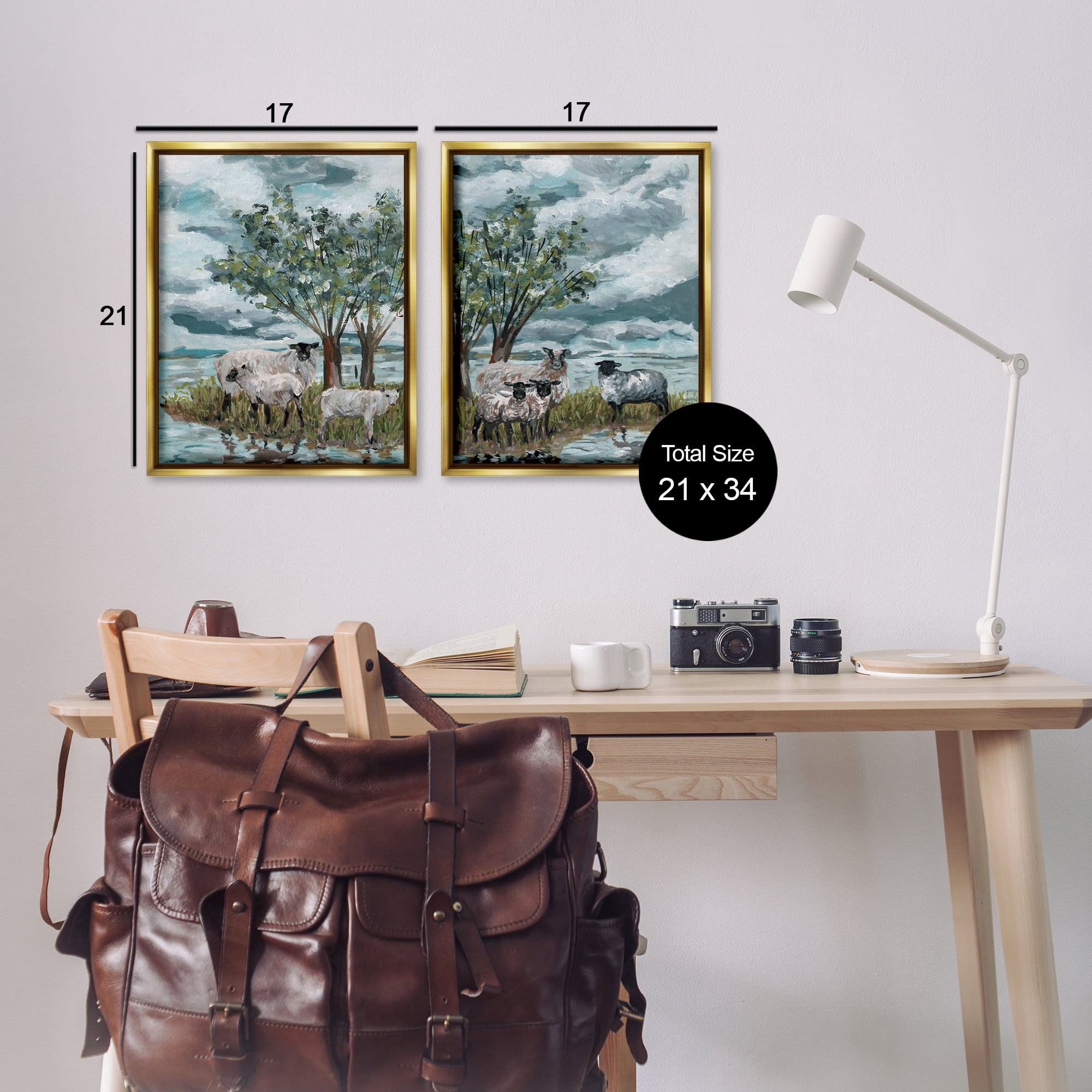 Stupell Industries Sheep in Field Landscape & Nature Painting Gold Floater Framed Canvas Art Print Wall Art, 17 x 21, Set of 2