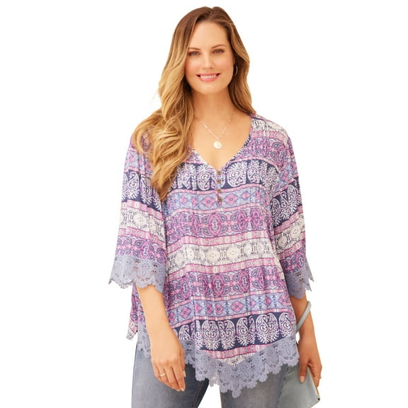 Catherines Women's Plus Size Lace Trim Gauze Blouse
