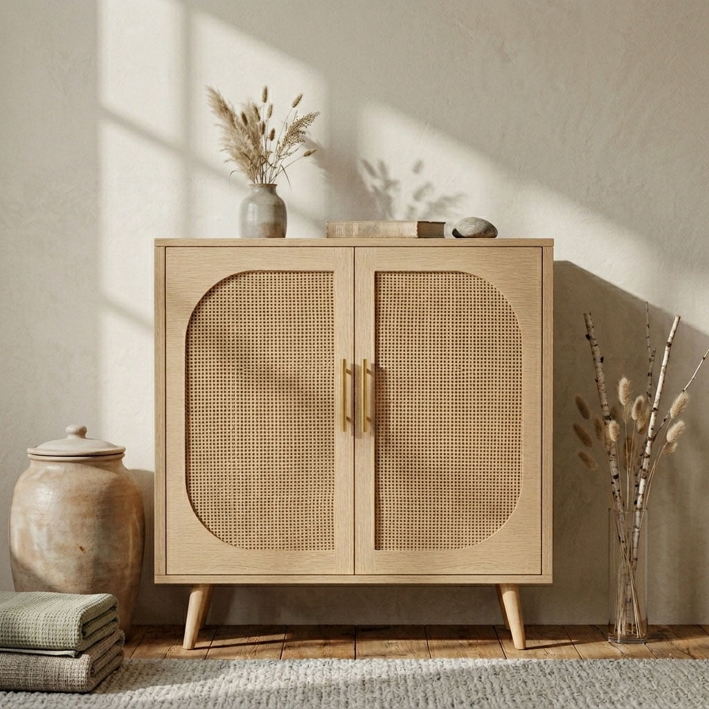 Aukfa Sideboard Cabinet with Rattan Doors, Accent Storage Cabinet,Brown