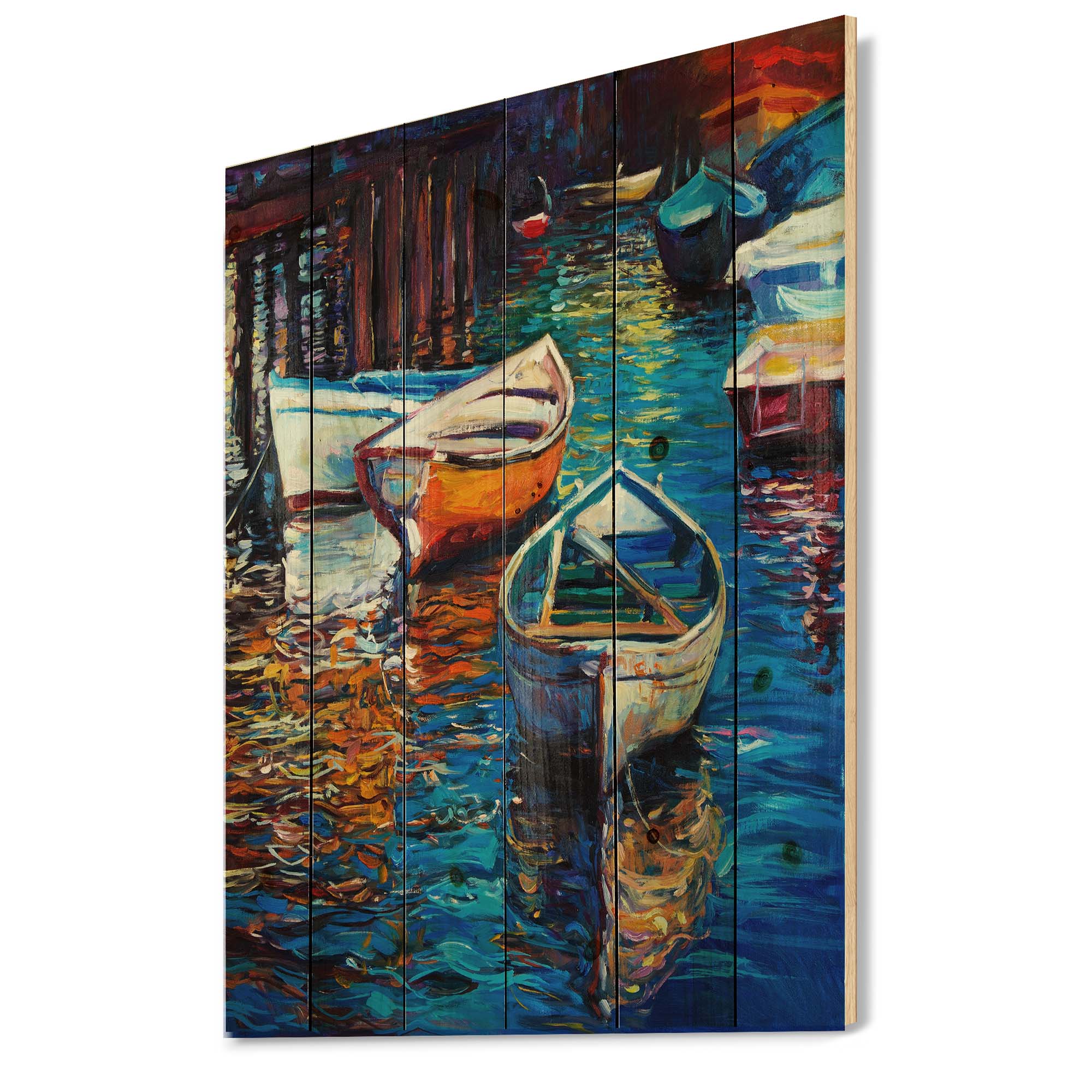 Designart 'Boats During Warm Sunset Resting On The Water X' Nautical & Coastal Print on Natural Pine Wood