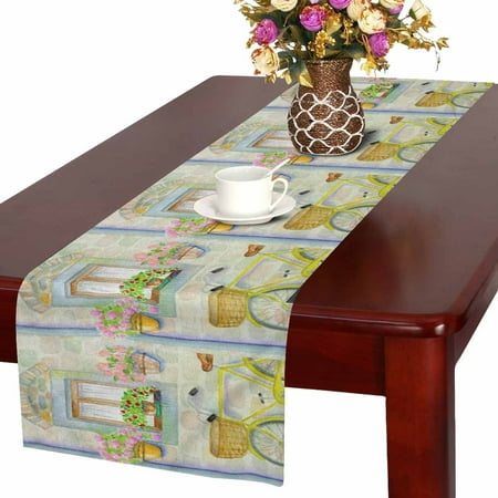 

MKHERT Watercolor Country Life Village House Bicycle and Flowers Table Runner Home Decor for Kitchen Dining Wedding Party 16x72 Inch