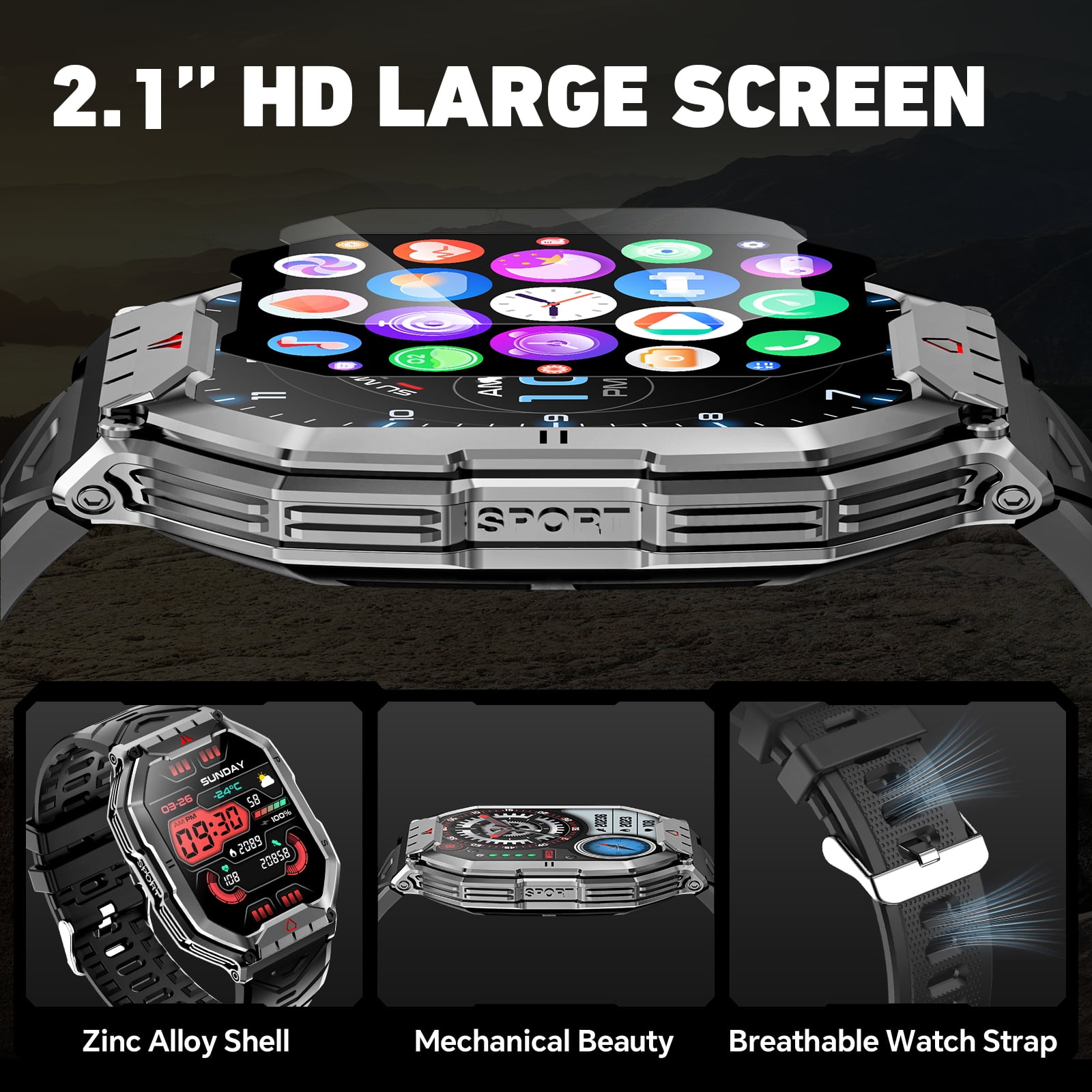 Mingdaln 2.1" AMOLED Men Military Smart watch,with Fitness Tracker/ Answer Make Calls /100+ Sport Modes/1ATM Waterproof, Mountain Travel Pedometer Watch fits for Android and... Mingdaln 2.1" AMOLED Men Military Smart watch,with Fitness Tracker/ Answer Make Calls /100+ Sport Modes/1ATM Waterproof, Mountain Travel Pedometer Watch fits for Android and... - Image 4