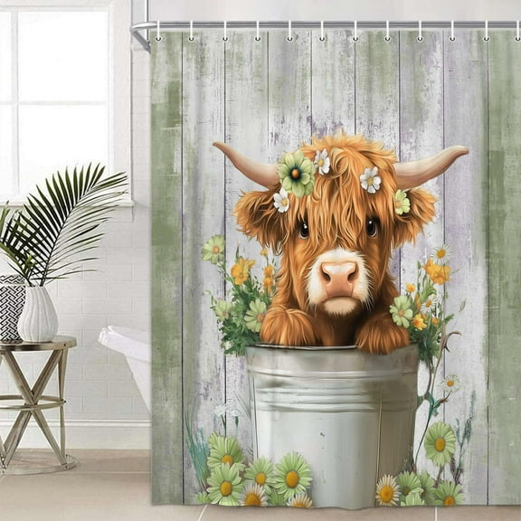 Funny Highland Cow Shower Curtain, Cute Farmhouse Green Floral Western Wood Animal Shower Curtain Set, Country Rustic Turquoise Bathroom Accessories Set Decor with Hooks, 72X72in