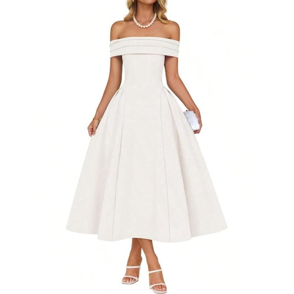 White Off Shoulder A-Line Midi Cocktail Dress For Women Evening Party Wedding