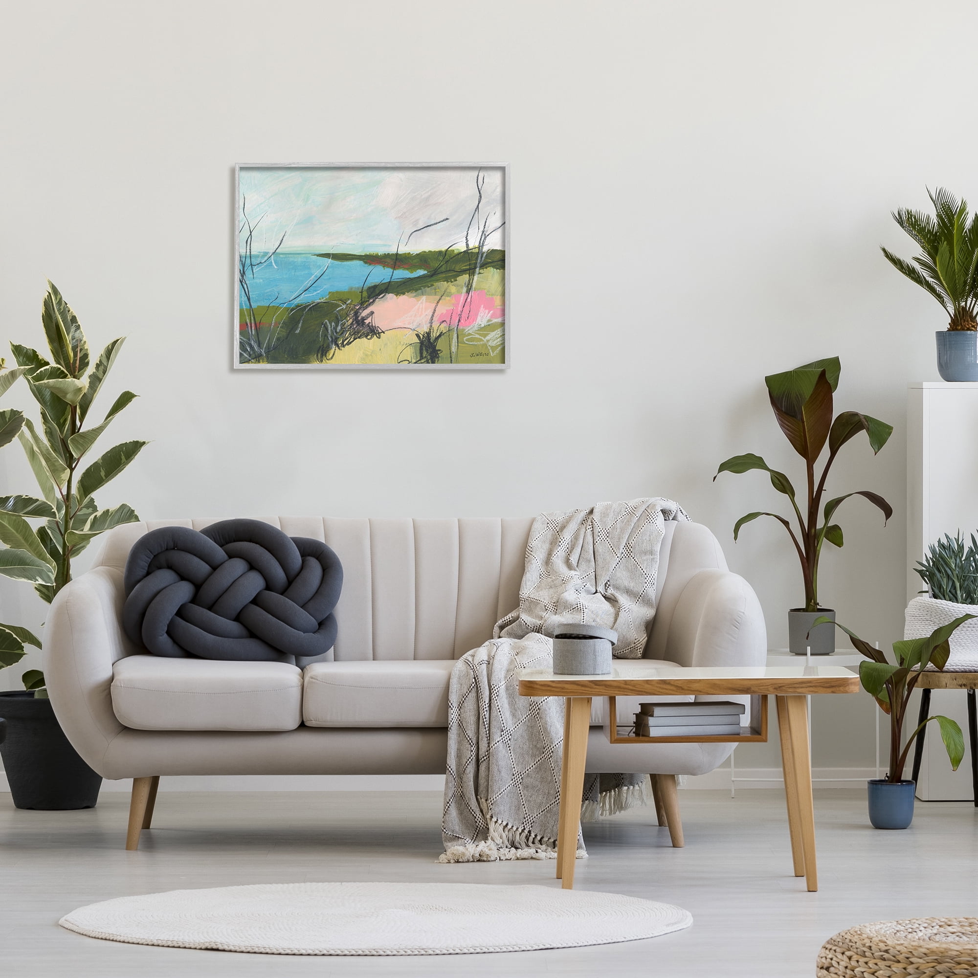 Stupell Industries Blue Ocean Coast Landscape Scratch Line Abstraction Nature Painting Gray Framed Art Print Wall Art, 24 x 30
