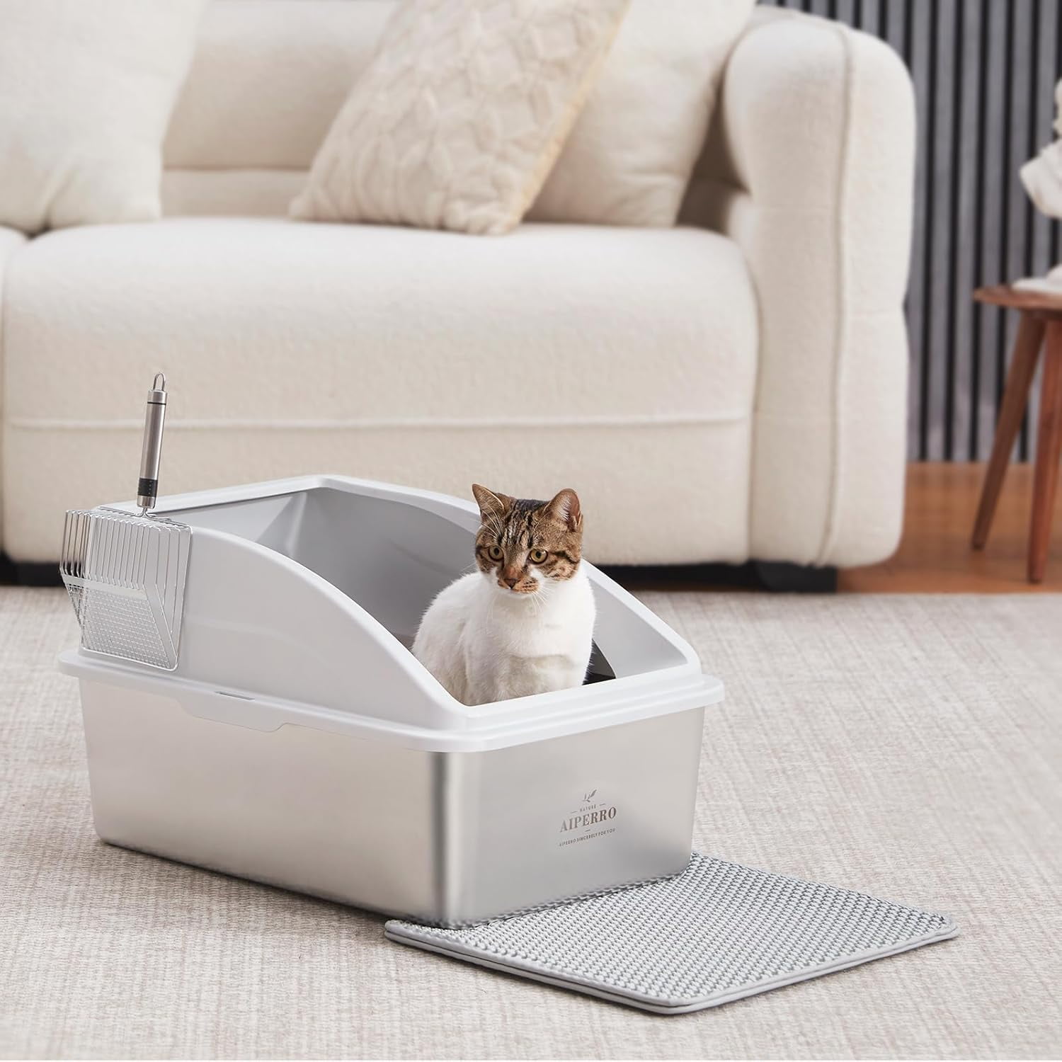 High Sided, Anti-Urine Leakage Stainless Steel Litter Box, XL Enclosed Cat Litter Boxes with Lid for Big Cats, Non-Stick Bottom, Includes Litter Mat & Metal Scoop