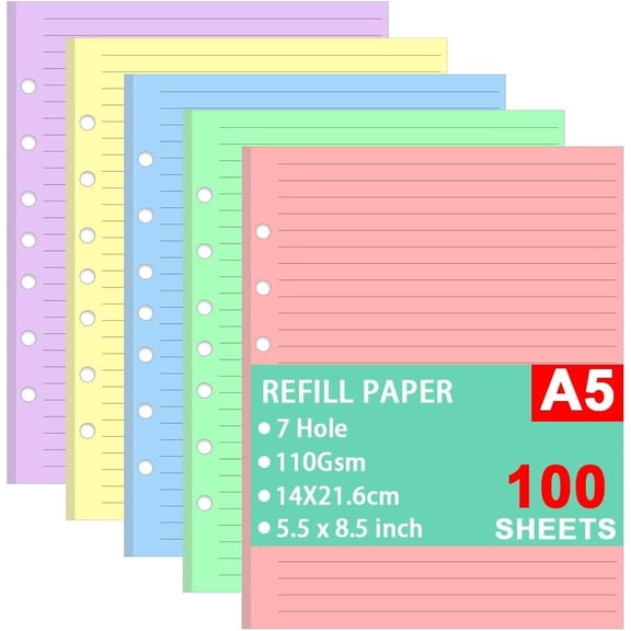7-Hole Lined Refills Paper, A5 Filler Paper for Planner Inserts, A5 Loose Leaf Paper, 5 Colors(20 Sheets/C), 100 Sheets/200 Pages, College Ruled, 5.5 X 8.5 Inch
