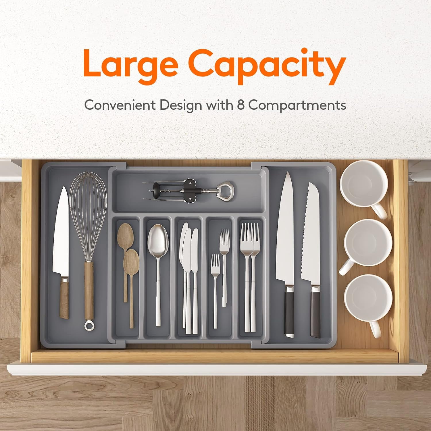 Silverware Drawer Organizer, Expandable Utensil Tray for Kitchen, BPA Free Flatware and Cutlery Holder, Adjustable Plastic Storage for Spoons Forks Knives, Large