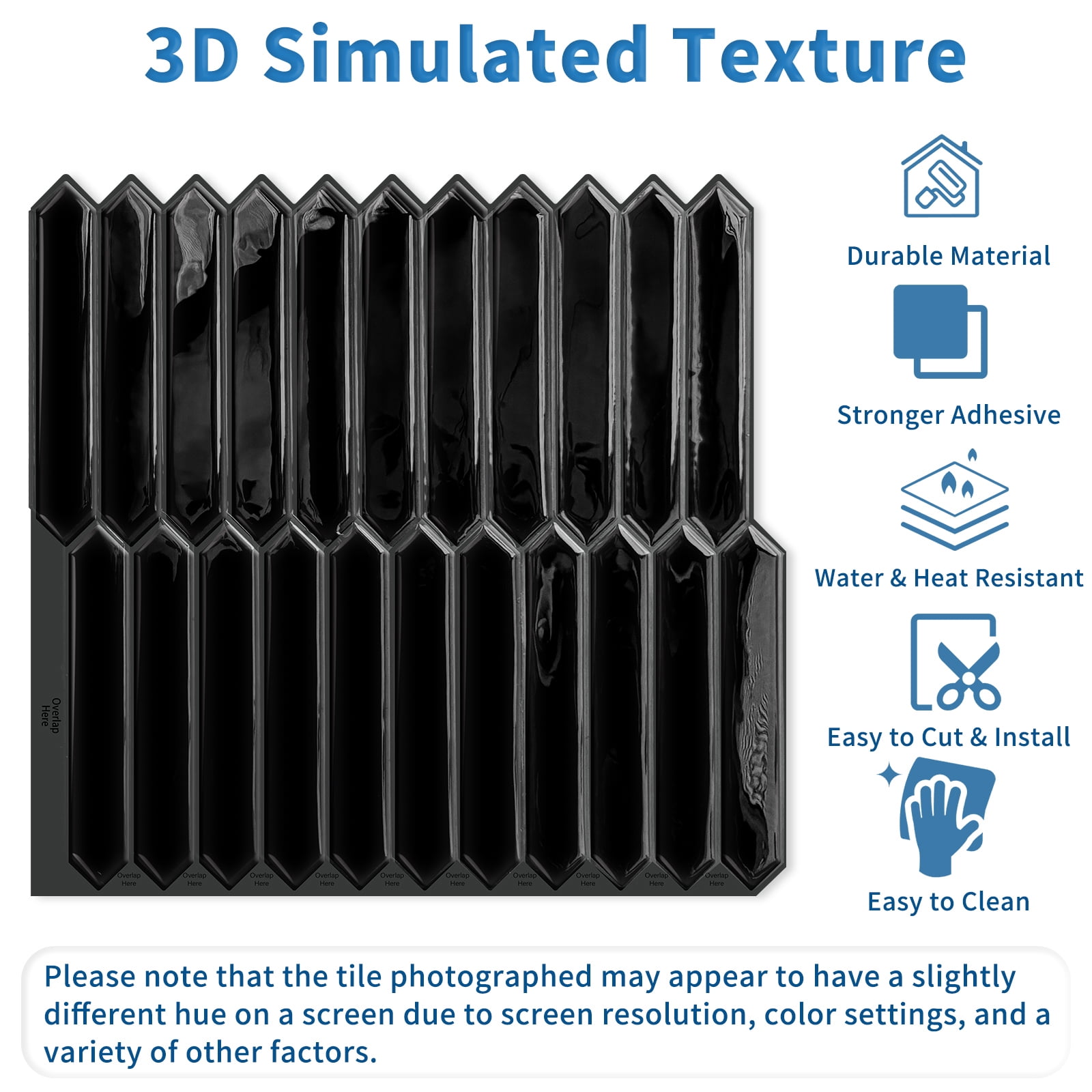 DEWOO Black Long Hexagon Tile Peel and Stick Backsplash, 10 Sheets Self-Adhesive Wall Tiles Stick on Back Splash for Kitchen, Bathroom, Fireplace,RV(12"×12")
