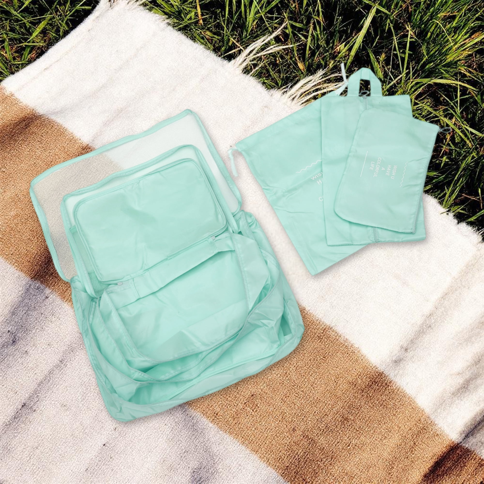 Unique Bargains Portable Packing Cube Set with 7 Different Sized Bags Light Blue