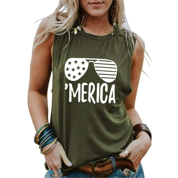 American Flag Tank Tops Women Sunglass Graphic Tees Shirts Casual ...
