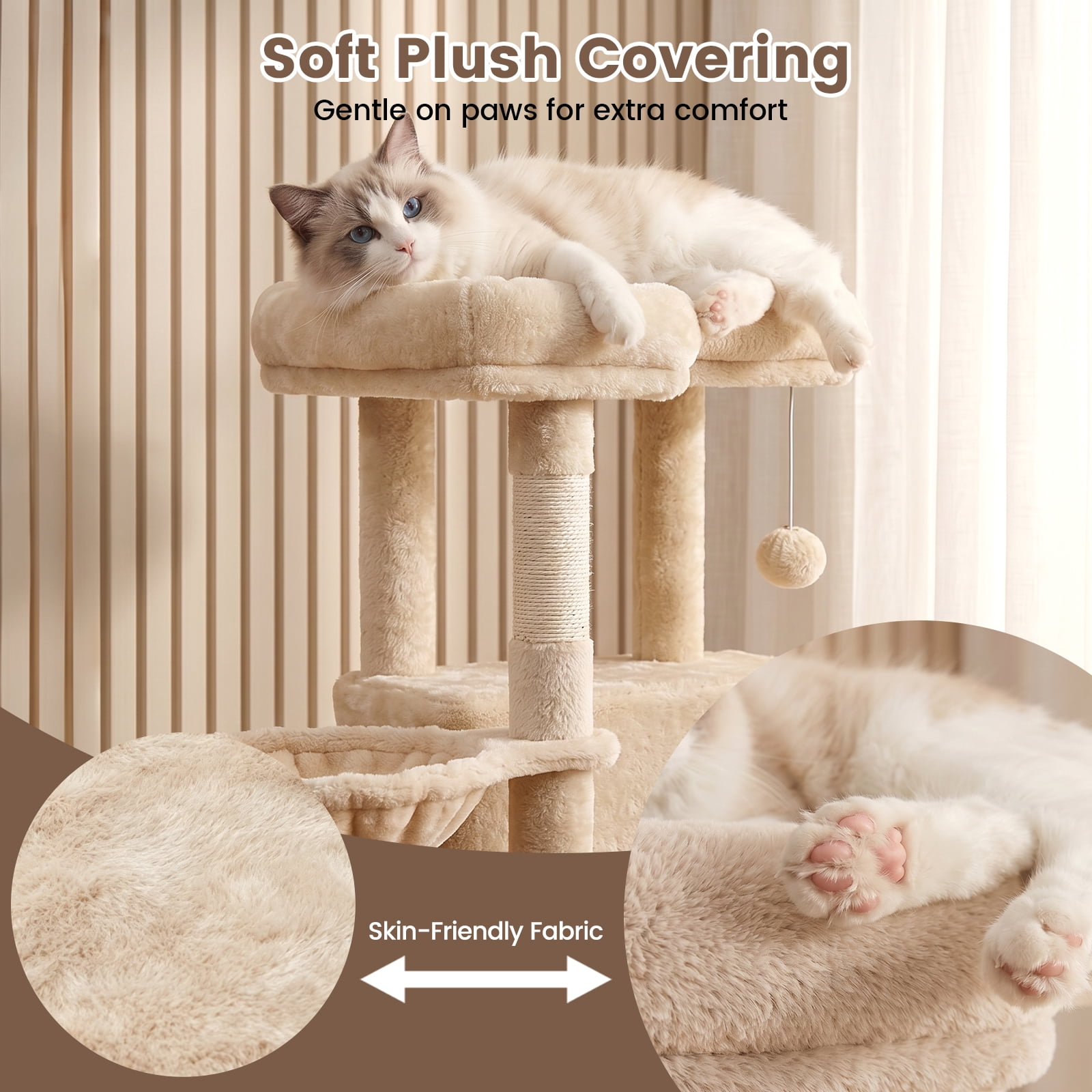 CATGOOD 81" Cat Tower, Big Cat Treefor Multiple Adult Cats, Multi-Level Tall Cat Tree with 2 Platforms, 2 Condos, 2 Hanging Basket, Hammock and Scratching Post for Indoor Kitties, Beige