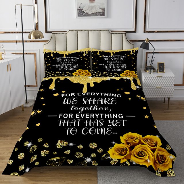 Erosebridal Romantic Valentines Coverlet Set Twin, Chic Rose Bedding Set, Black, Gold
