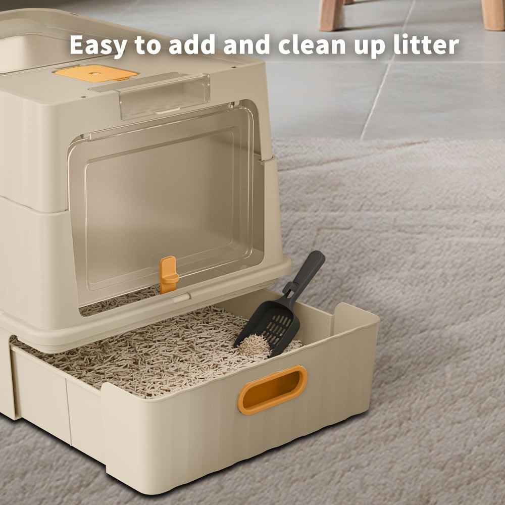 Cat Litter Box + Mat, Drawer-Style Enclosed Large Odor-Control Kitty Toilet with Pull-Out Tray, for Kittens, Big Cats & Multi-Cat Homes, White