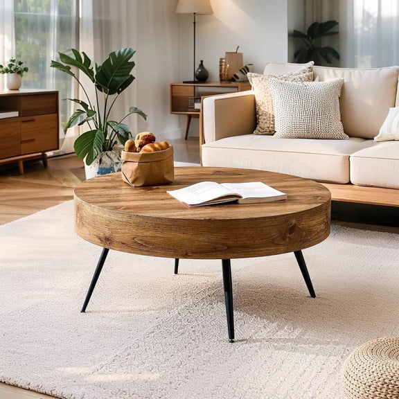 SUDICA 31.5 in Round Coffee Table, Rustic Wood Grain Finish with Black Metal Legs for Living Room