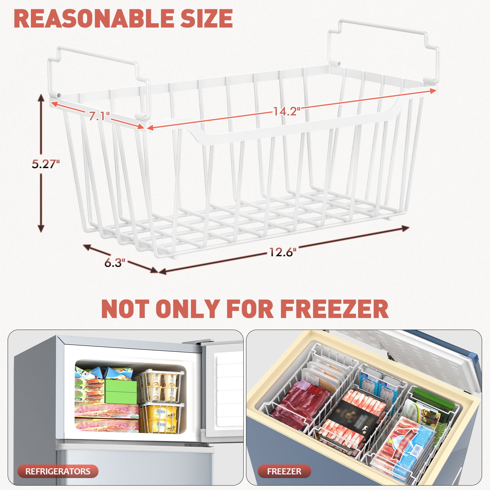 SUNALLY Freezer Organizer Bins 4 Pack, Stackable Freezer Baskets with Foldable Handle for 3.5-7 Cu.FT Deep Chest Freezer Organization, Coated Metal Storage Bins White