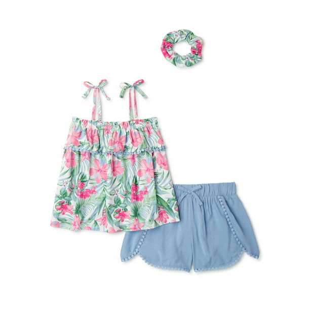 Btween Girls' Ruffle Tank Top and Shorts 2-Piece Outfit Set with Scrunchie,  Sizes 7-14