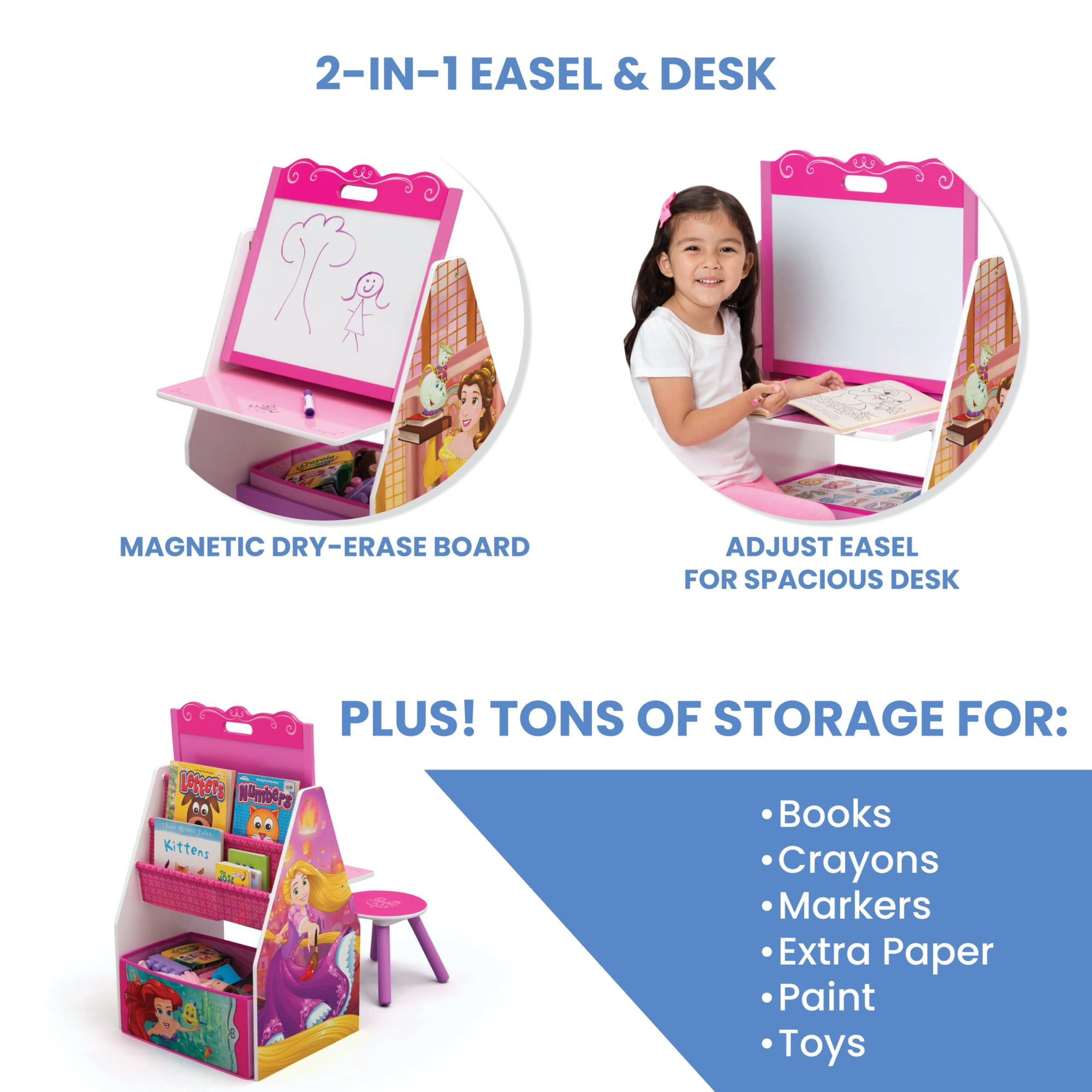 Disney Princess Deluxe Kids Art Table and Stool Set with Easel and Toy Organizer, Multicolor
