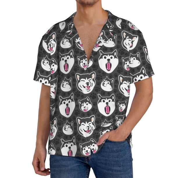 Fotbe HUSKY Face Camisa Estampada de Manga Corta para Hombre, Casual de Verano, Estilo Playero, Sin Arrugas-Large