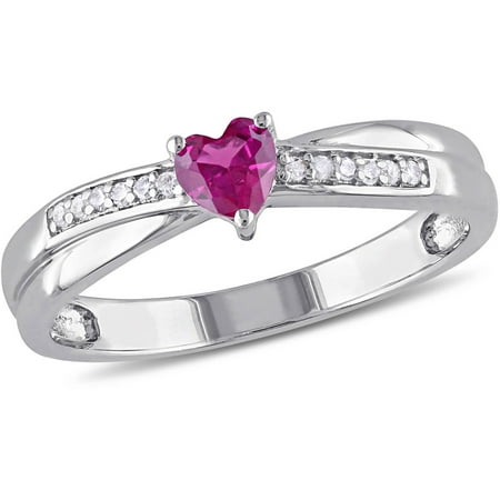 1/3 Carat T.G.W. Created Ruby and Diamond-Accent Sterling Silver Heart Ring