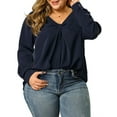 thumbnail image 6 of Agnes Orinda Women's Plus Size Winter Solid Long Sleeve V Neck Twist Casual Top 1X Dark Blue, 6 of 9