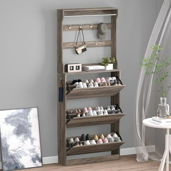 Shoe Cabinet with 3 Flip Drawers & Coat Rack, Narrow Hidden Shoe Storage Cabinet, 2-in-1 Hall Tree Slim Freestanding Shoe Rack Organizer for Entryway, Hallway, and Living Room
