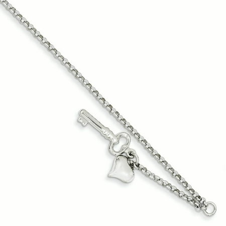 14K White Gold Adjustable Puffed Heart and Key with 1