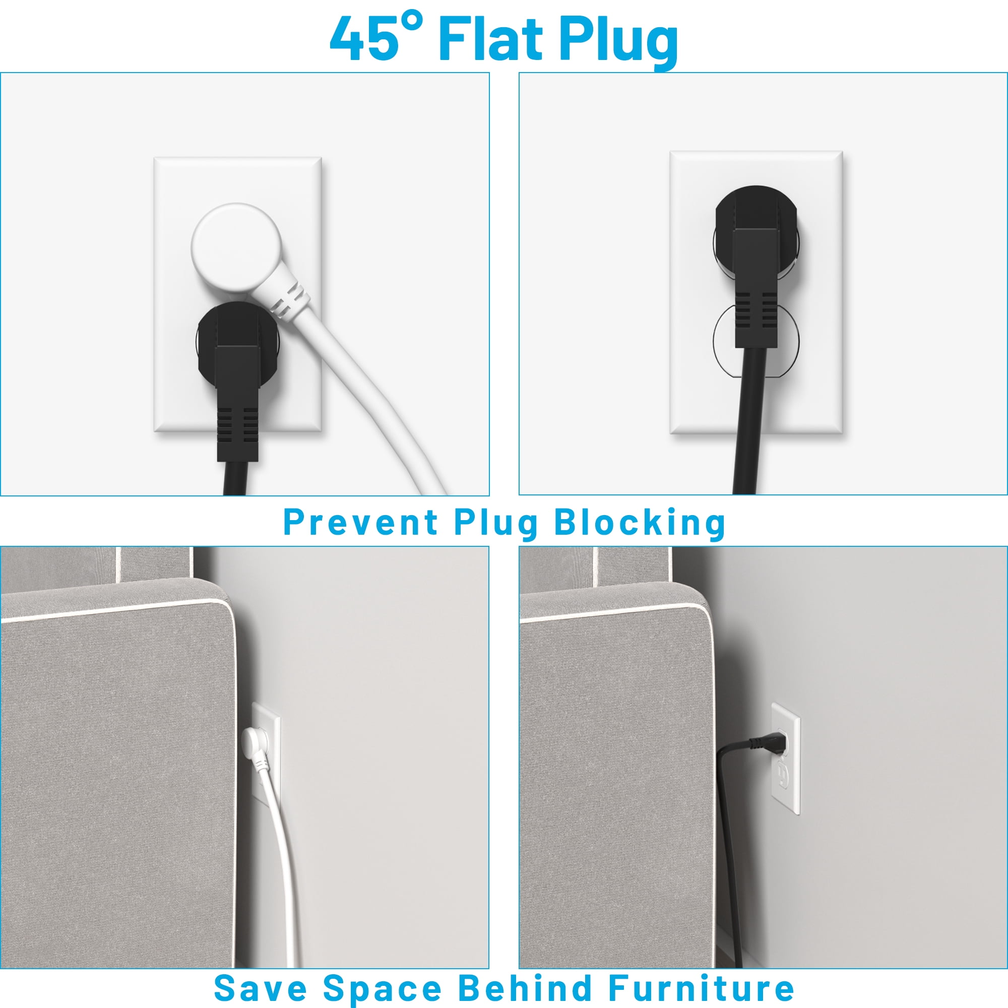2 Pack Power Strip Surge Protector with USB Ports, White Extension Cord 6 Feet 3 Prong, 4 outlets, 3 USB Ports, 1875W/15A, Wall Mountable, Plug Strip Surge Protector 1500J for Home Office