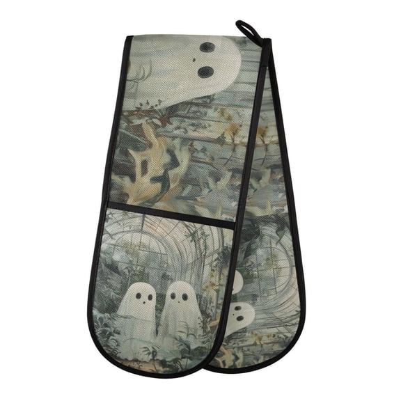Yayeee Double Oven Mitt Kitchen Heat Resistant Baking 35" x7" Quilted Glove, Ghosts Playing in A Garden