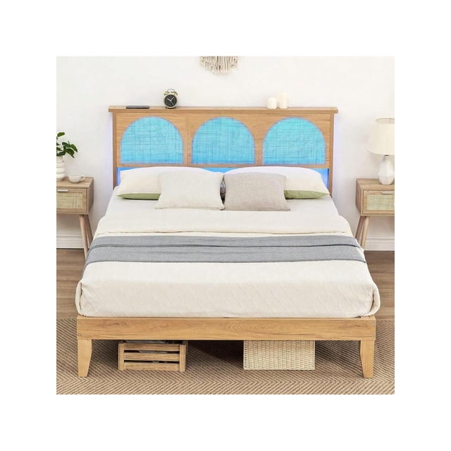 Ourlova Rattan Queen/Full Size Bed Frame With LED Light And Storage Headboard. No Box Spring Required. Easy Assembly. No Noise. Perfect For Home Decor