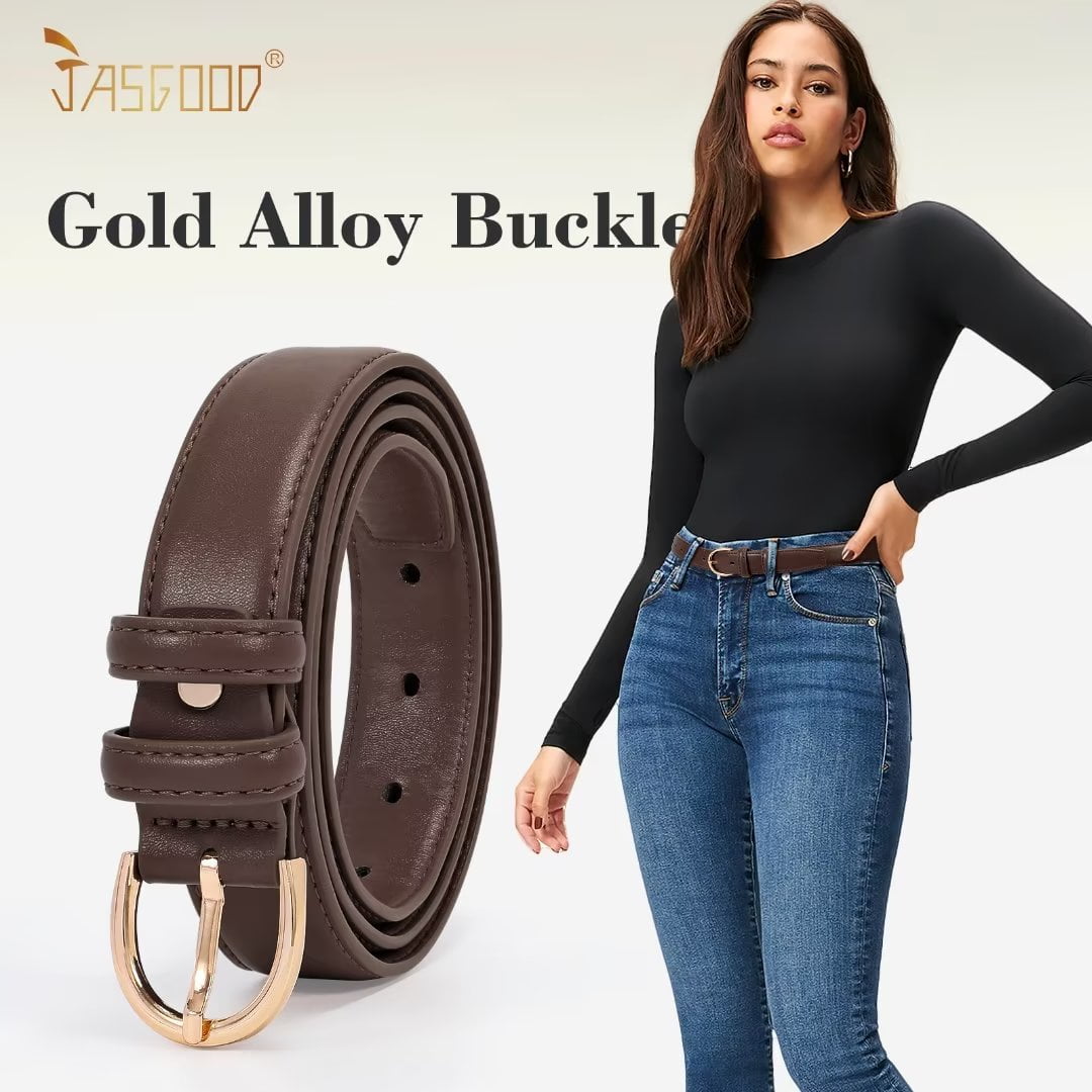Womens Leather Belts for Jeans Pants - CR 1.3 Width Casual Ladies Belt - Fashion Center Bar Gold Buckle