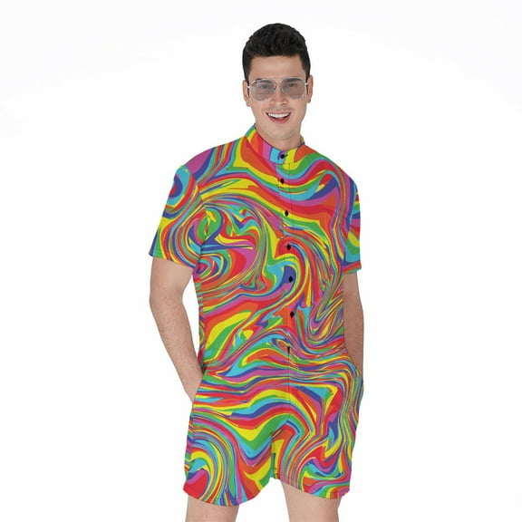 Rainbow Rave Short Sleeve Men'S Rompers, Rainbow Colorful Casual Summer Jumpsuits Outfit